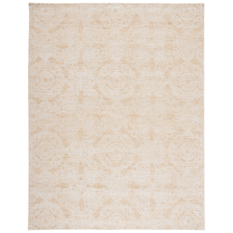 Zelda Damask Handmade Tufted Wool Gold/Ivory Area Rug, Rectangle 8' x 10'