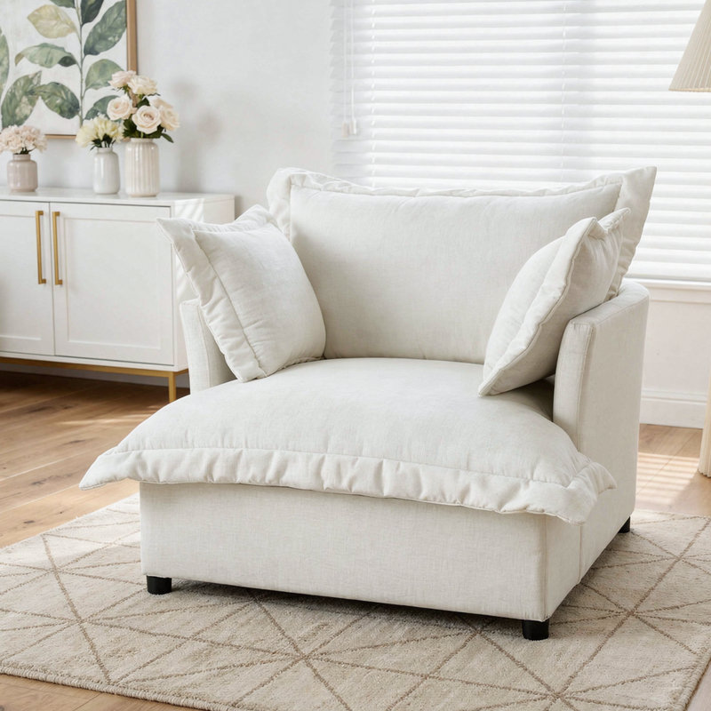 Plush Beige Upholstered Chenille Accent Chair with Oversized Cloud Cushions, Beige