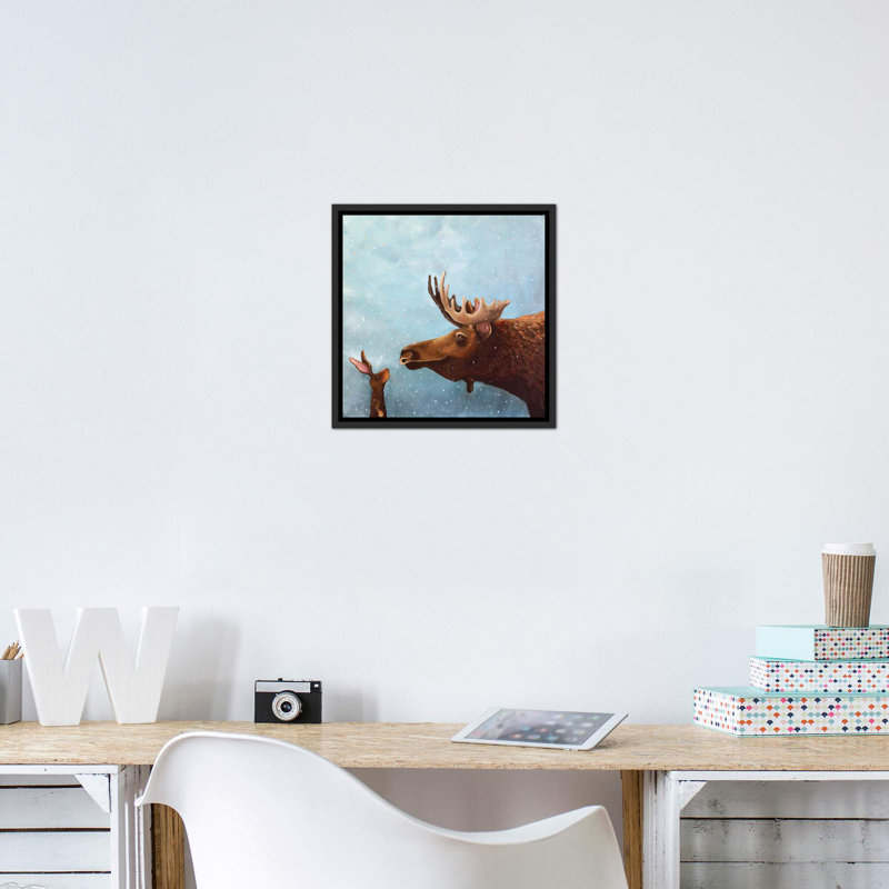 «Moose and Rabbit» par Lucia Stewart - impression sur toile, H 18 po x l 18 po x 1,5 po, Toile avec cadre noir patiné