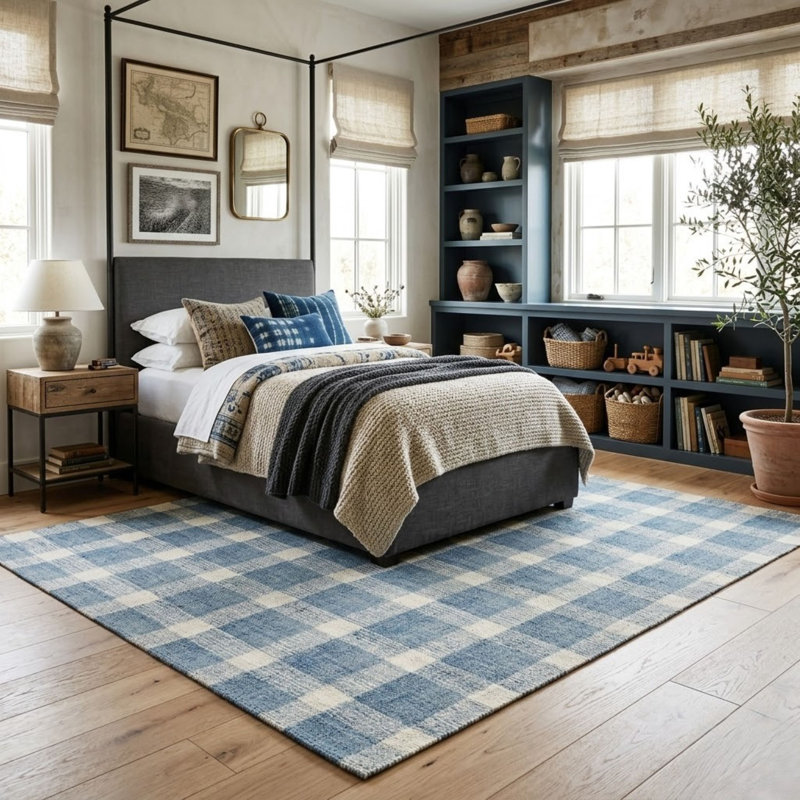 Tapis bleu en laine touffeté à la main Maney, Rectangle 9 pi x 13 pi