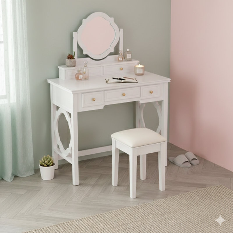 Compact Makeup Vanity Table With A Reversible Mirror. This Dressing Table Set Comes With A Stool And Is A Space-Saving Beauty Station Designed For Small Areas, In White.