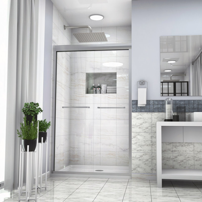 Shower Door 48" W X 76"H Semi-Frameless Bypass Sliding Shower Enclosure, 5/16" (8Mm), Brushed Silver