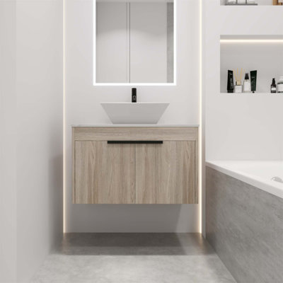 Meuble-lavabo flottant de conception moderne avec lavabo en céramique, fixation murale avec porte à fermeture en douceur, assemblage facile, colis de 2 pièces