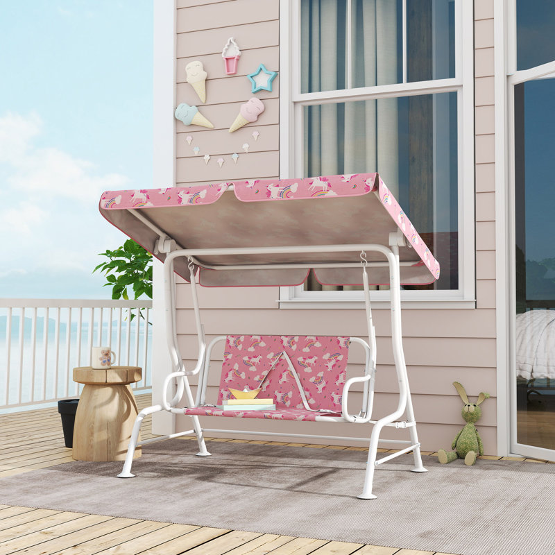 2 Person Porch Swing with Canopy, White/Pink, White