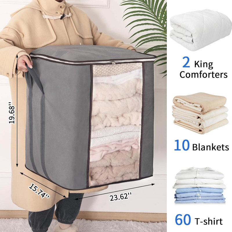 4Pcs Large Blanket Bags 120L King Foldable Comforters Storage Bags, Extra Large Organizers For Blankets, Clothes, Pillows, Quilts, Bedding With Thick Fabric Reinforced Handles