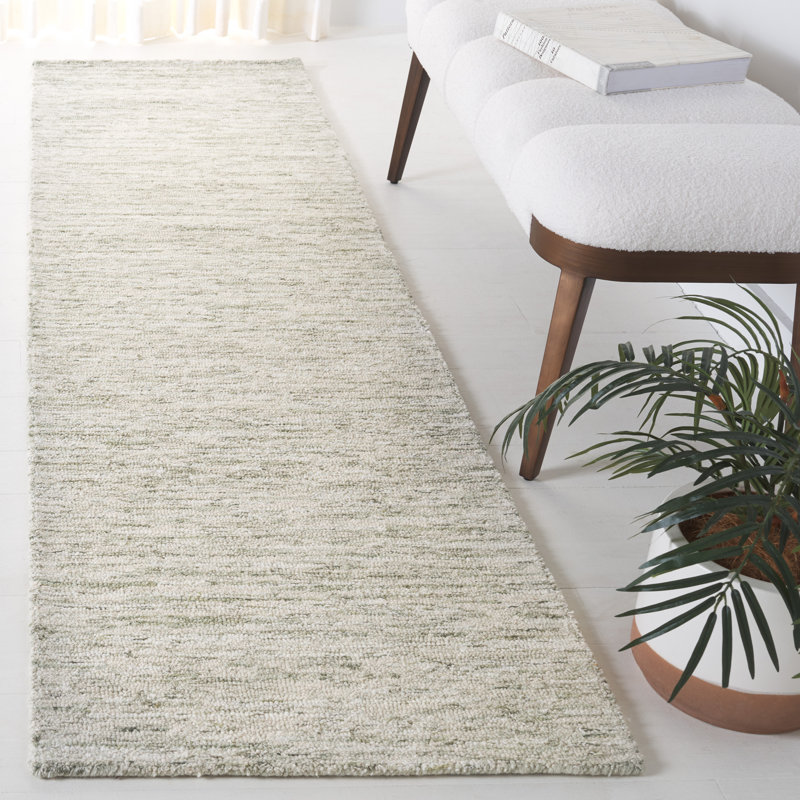 Vasyl Ebony Hand Tufted Wool Cotton Abstract Rug in Green/Ivory, Runner 2'3" x 9'