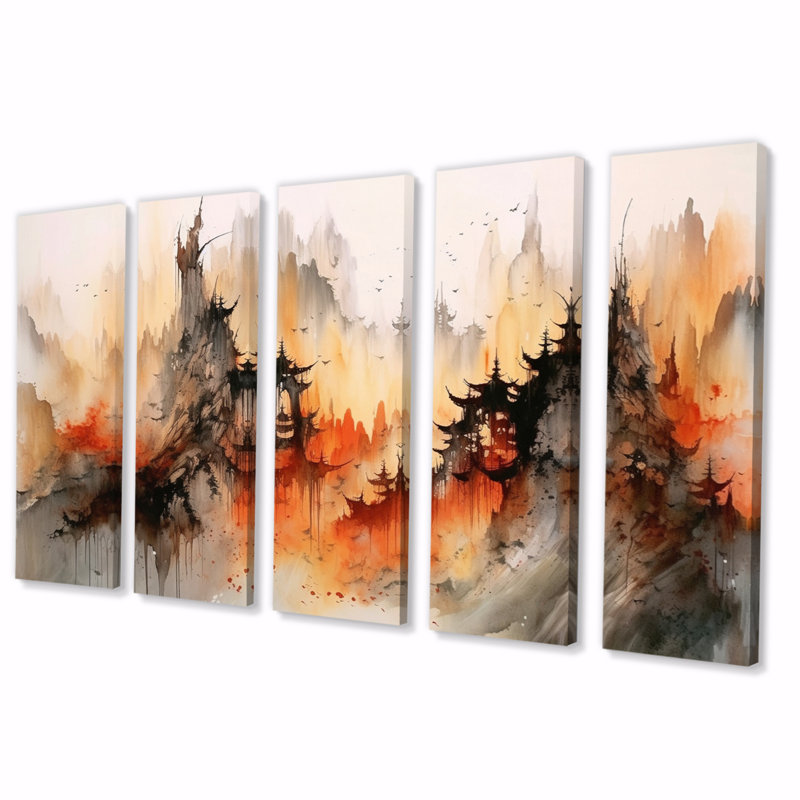 «Majestic Chinese Landscape III», reproduction sur toile - 5 panneaux égaux