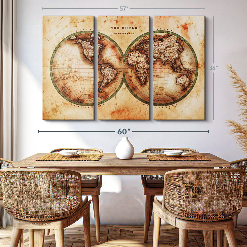 " Rustic Hemispheres Map ", 36" H x 57" W x 1.25" D