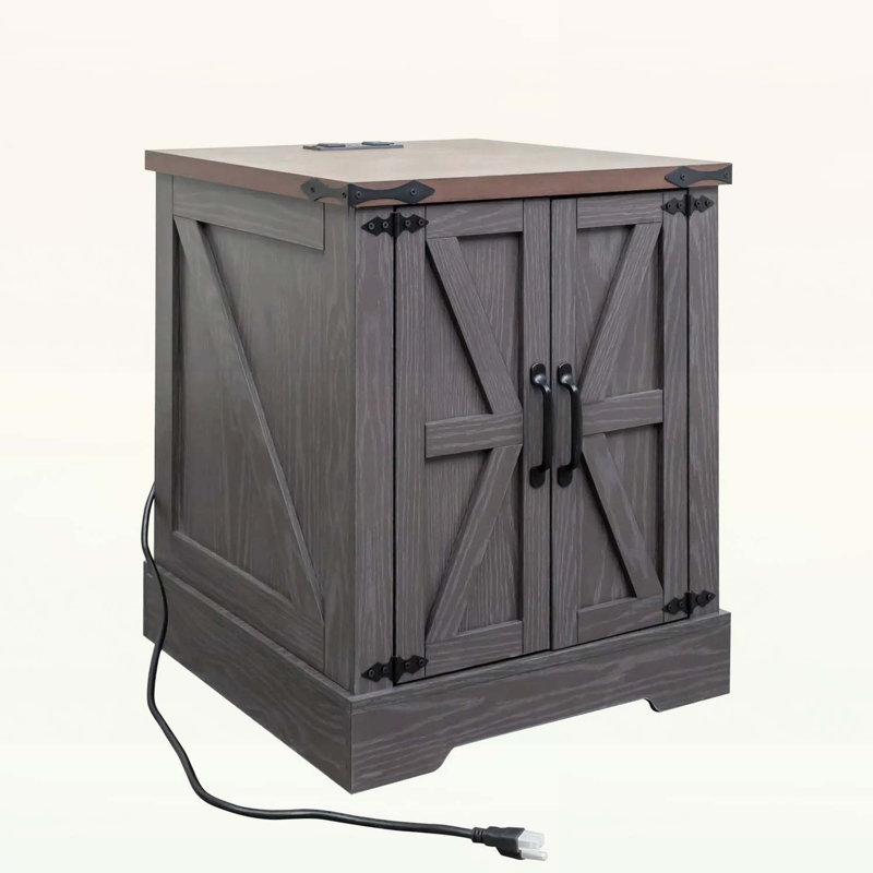 Rustic wood nightstand with adjustable shelf,with charging station, Gris / noyer foncé