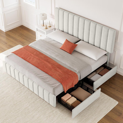 Cadre de lit King Size recouvert de cuir PU avec 4 tiroirs en plastique