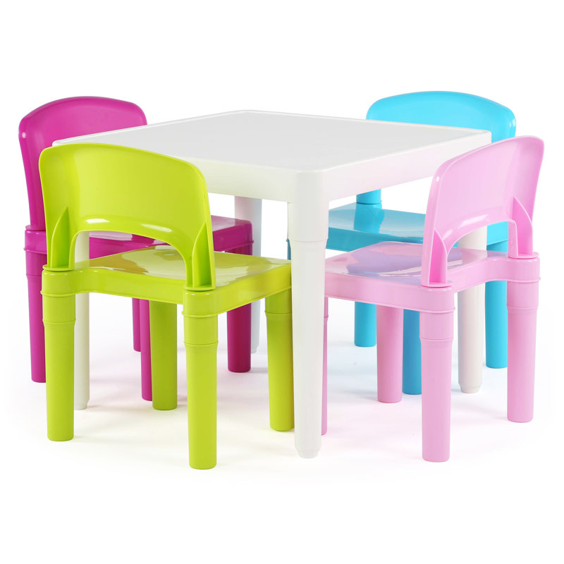 Kids 5 Piece Square Play Or Activity Table and Chair Set, White/Pink/Light Pink/Green/Light Blue
