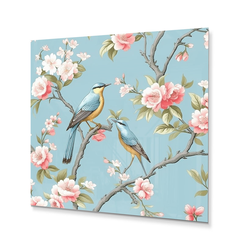 Chinoiserie avec oiseaux et pivoines - décoration murale florale en métal, H 16 po x l 16 po x P 1 po