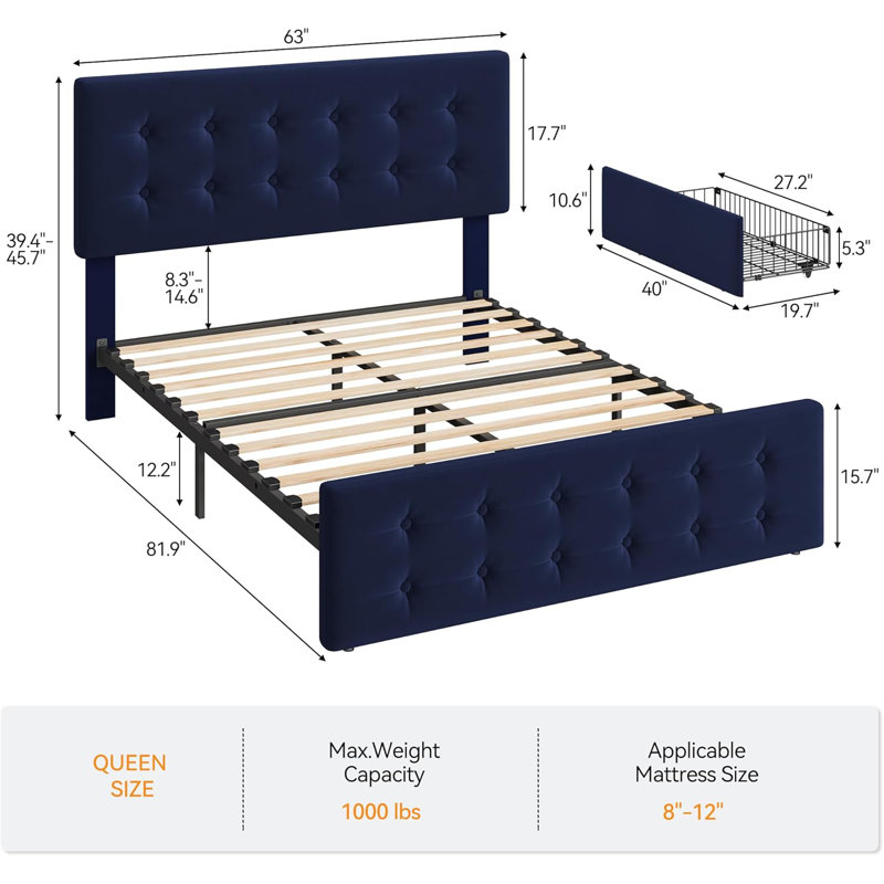 Structure de lit grand avec 4 tiroirs de rangement et tête de lit, structure de lit tapissier en velours avec support en lattes de bois, conception capitonnée, aucun sommier nécessaire, bleu