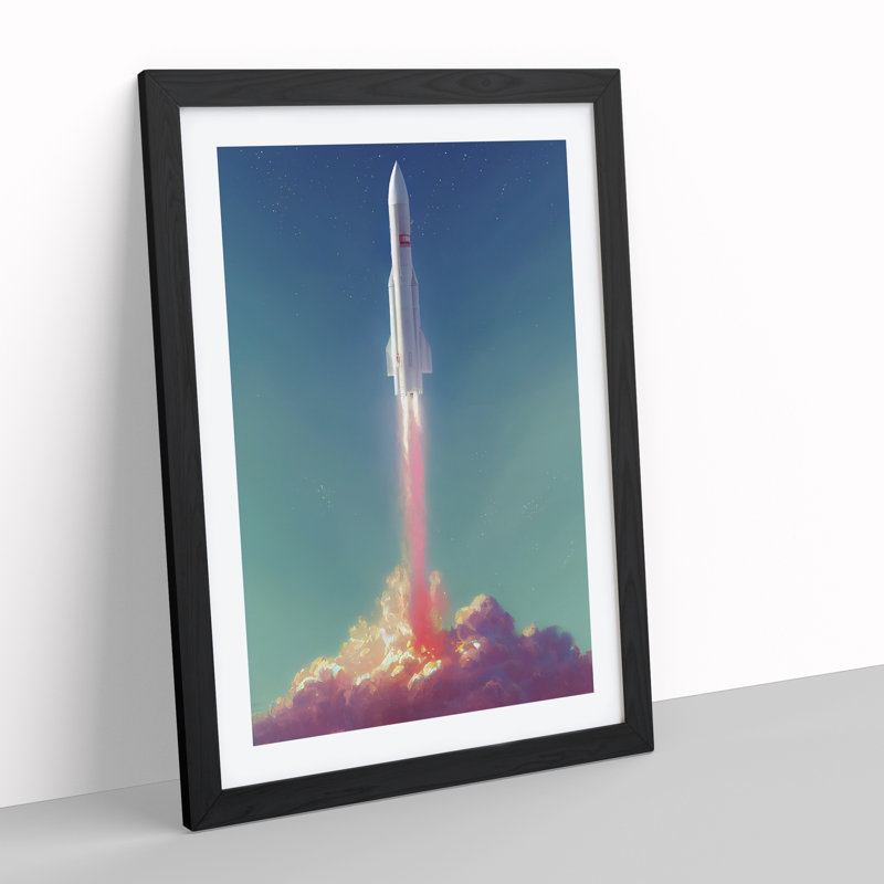 XV1022-4007X Spaceship Rocket In Flight No.4 - Single Picture Frame Print, 64cm H x 46cm W x 2cm D, Black