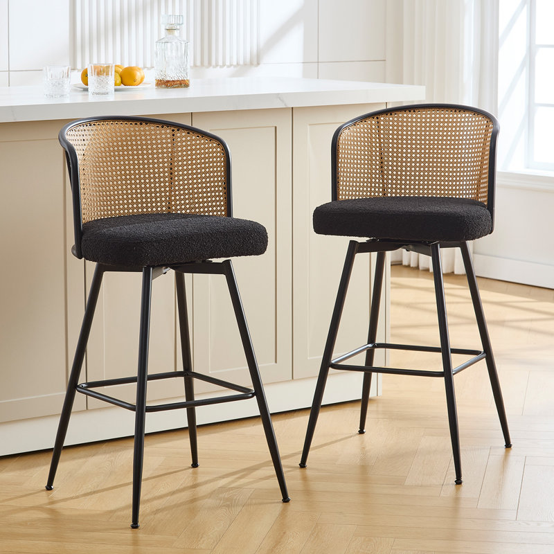 Black Metal Swivel Bar Stools with Rattan Backrest, Set of 3