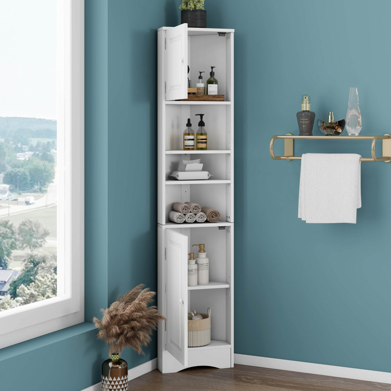 Corner Storage Cabinet, Tall With 2 Doors And 3 Shelves, Adjustable Shelves, Open Shelf For Bathroom, Kitchen & Living Room