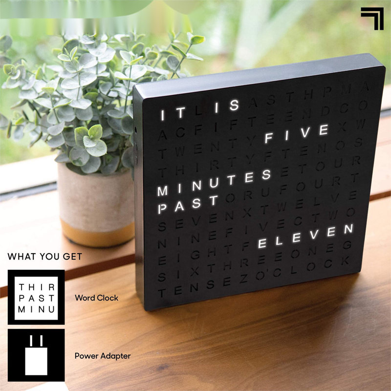 LED Light-Up Word Clock, 7.75" Modern Design, Electronic Accent Wall Or Desk Clock, USB Cord & Power Adapter, Unique Contemporary Home & Office Decor, Easy Setup, Housewarming Gift