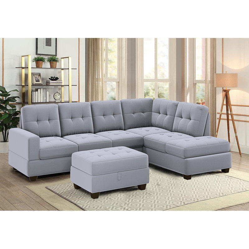 Recio 104" Wide Reversible Corner Sectional with Ottoman, Light Gray Microfiber