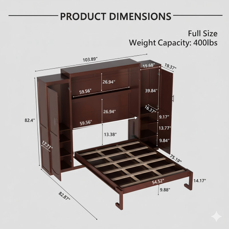 Lit escamotable double en noyer, conception murale complète avec deux armoires et tablette de rangement, lit plateforme pliable multifonctionnel pour les chambres d'amis