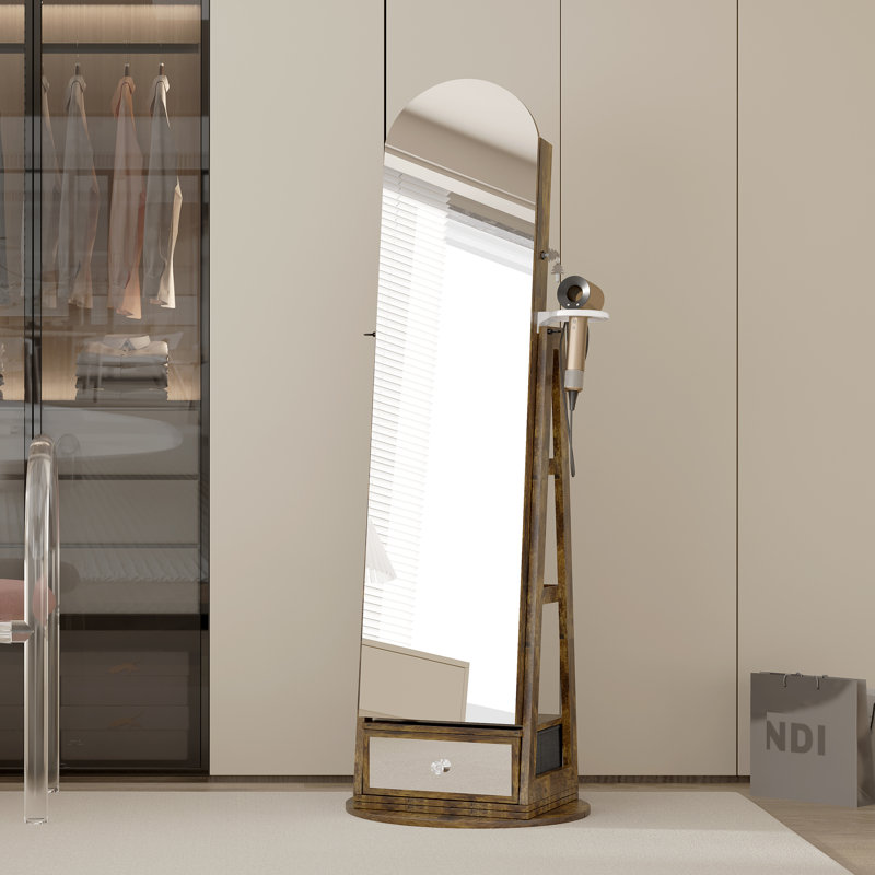 360° Swivel  Arched Jewelry Cabinet, Standing and Lockable Jewelry Armoire with Full-Length Mirror, Rustic Brown