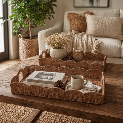 Plateau ottoman tressé à bord festonné pour la décoration intérieure - Plateau décoratif décontracté pour table basse, présentoir à bijoux et cuisine - Lot de 2, brun et beige