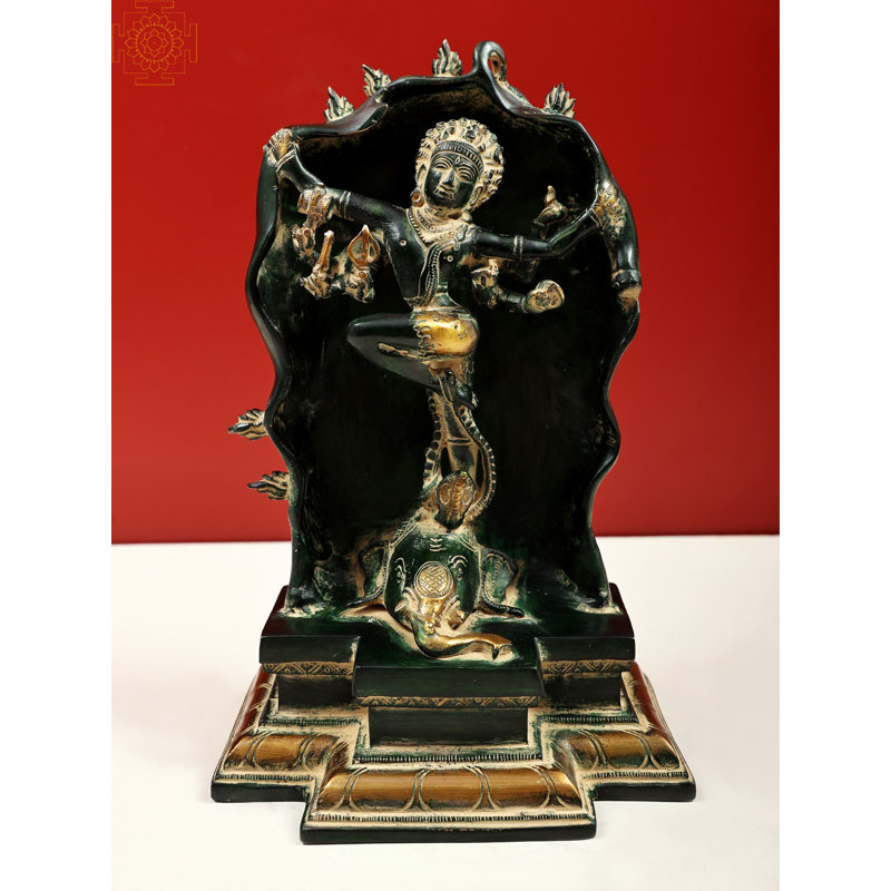 10" Gaja Samhara Murti Nataraja Brass Statue – Green-Gold Handcrafted Shiva Sculpture Depicting Lord Shiva’s Elephant Destruction Dance for Home Temple and Décor
