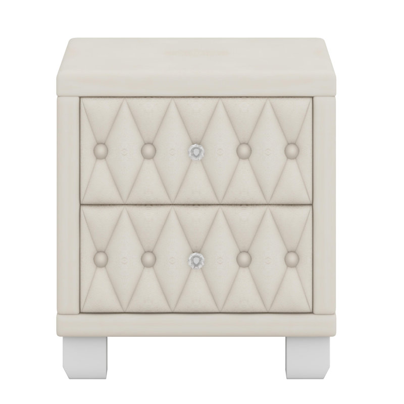 Elegant Button-Tufted Nightstand with Drawers, Crystal Handle, and Storage Design, Beige