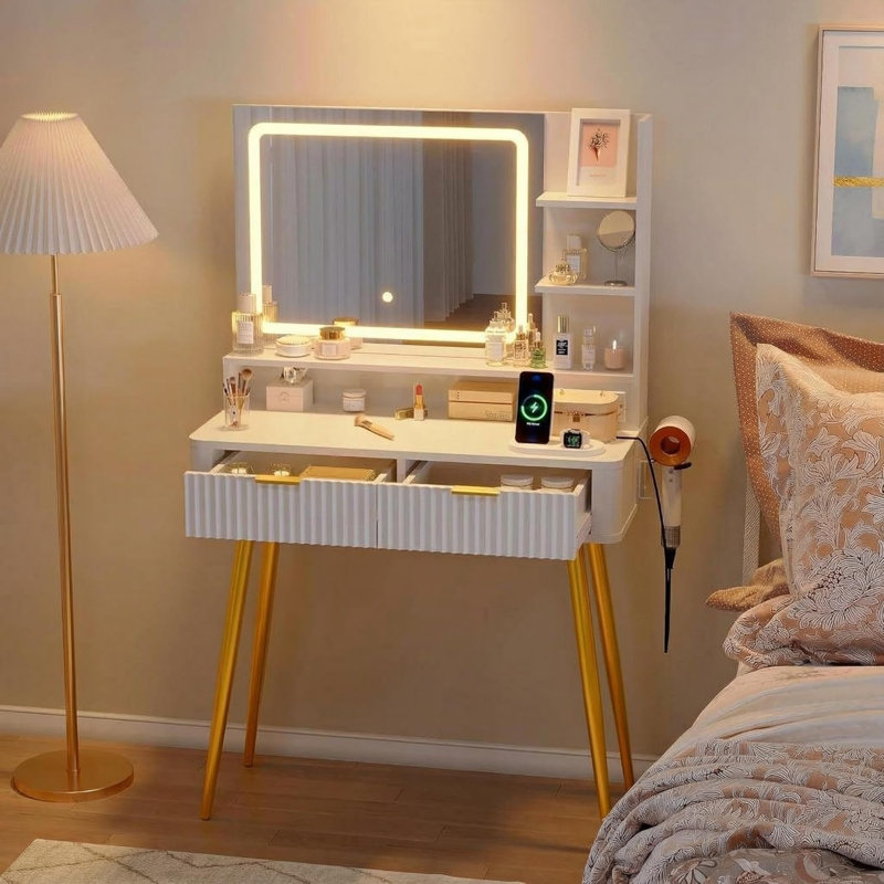 31.5" Makeup Vanity Desk with LED Lighted Mirror, Dressing Table Featuring 2 Drawers, 3 Color Lighting Modes & Built-in Power Outlet for Bedroom Storage and Organization,Natural Wood