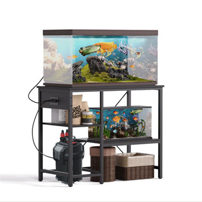 Support d'aquarium 40-50 gallons avec prise de courant et lumière DEL, support d'aquarium en métal, 3 tablettes de rangement réglables pour reptile, tortue, L 36 po x l 18,5 po, noir
