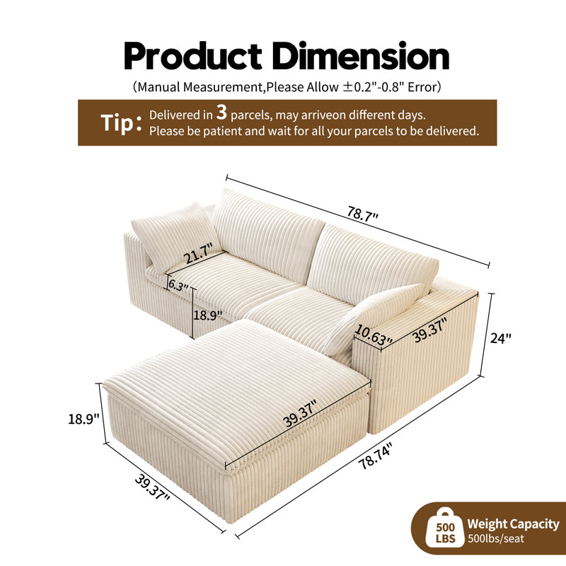 Canapé modulaire Boneless LoveSeat Cloud, canapé en velours côtelé l 78,7 po avec repose-pieds, 3 pièces, aucun assemblage requis