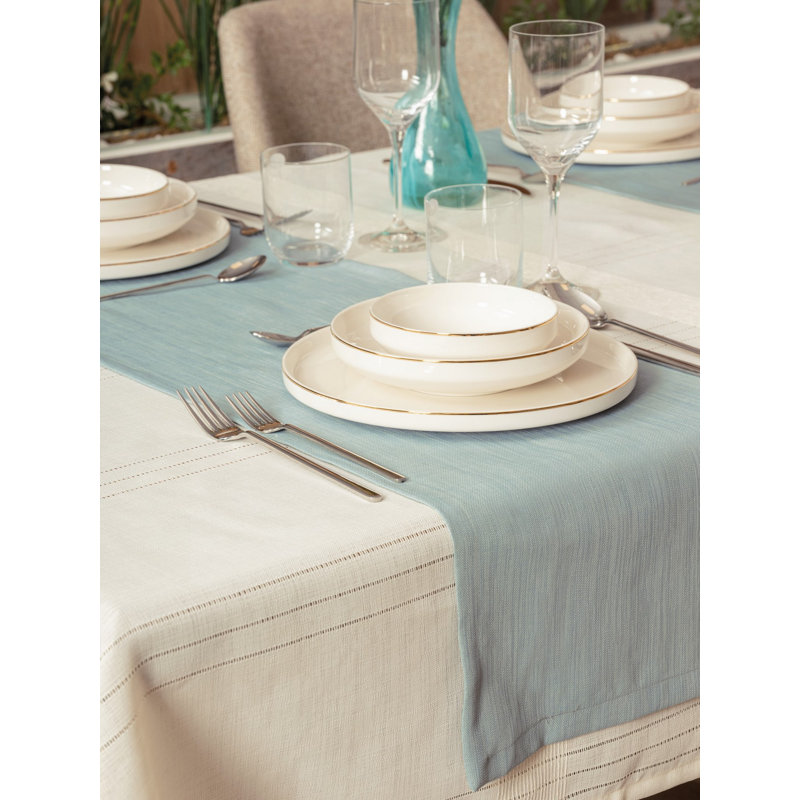 Ensemble de nappe élégante (2 pièces), couleur crème, nappe 61 x 63, tapis de couloir 13,8 x 51,2 | 100% polyester, lavable à la machine, repassage à basse température | Parfait pour la salle à manger et les occasions spéciales, durable et élégant