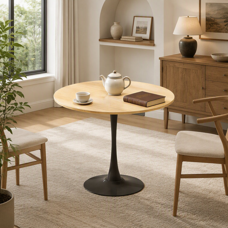 Table de salle à manger ronde en bois naturel, plateau en MDF de 80 cm de diamètre avec piètement en acier, idéale pour les cuisines et les salons modernes.