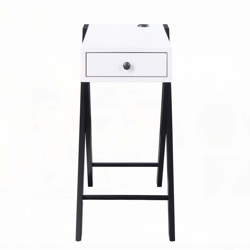 White and Black Side Table with USB Ports, White