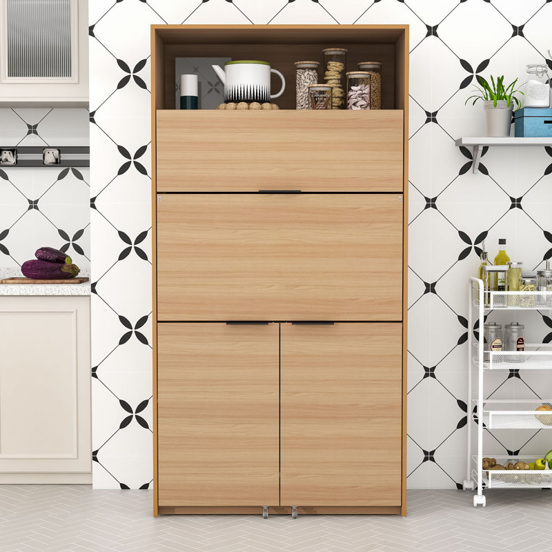 Multifunctional Kitchen Pantry Buffet with Storage,  Drop-Down Desk, Natural