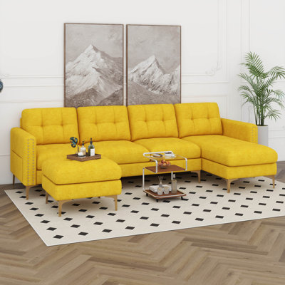 Canapé modulaire convertible en L 110 po avec repose-pieds mobile, canapé 5 places avec méridienne, canapé rembourré en velours