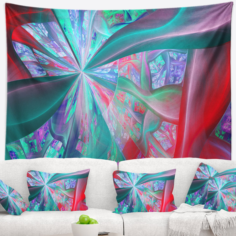 Tapisserie abstraite, rouge, bleu, fractale, plante exotique, H 32 po x l 39 po