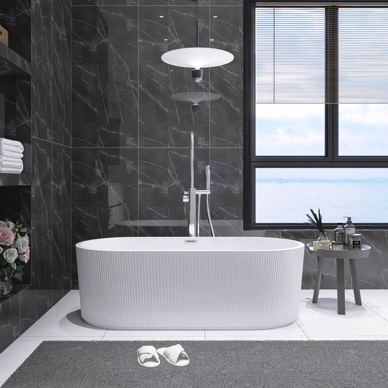 59" Freestanding Glossy White Tub Acrylic Soaking Bathtub With Chrome Pop-Up  Drain