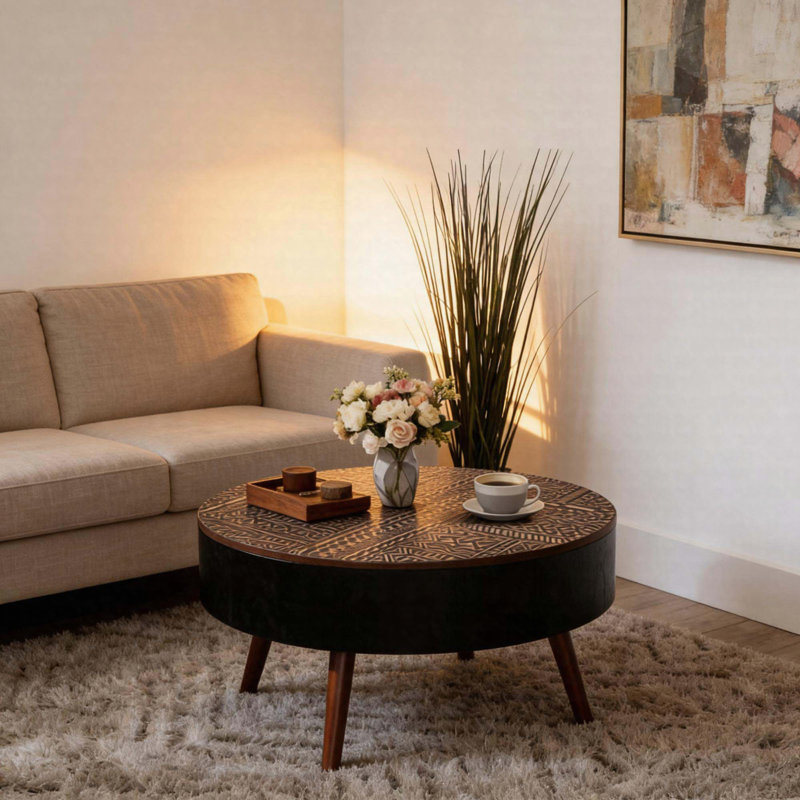 Table basse ronde de 31,5 po avec plateau gravé, table d'appoint avec pieds en bois massif, style maison de campagne rustique