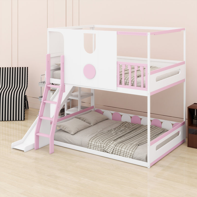 Lit mezzanine avec glissade, tablettes de rangement et rails de sécurité, Lit double, Blanc + rose