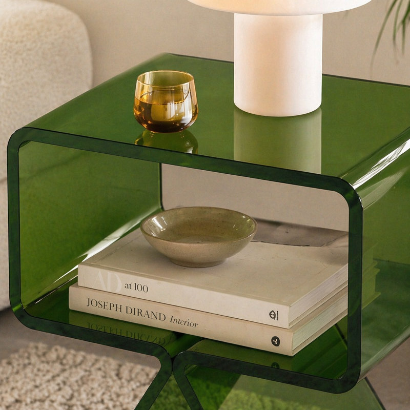 Table de chevet en acrylique, table de chevet moderne transparente avec tablette de rangement, petit bureau de bout transparent pour le salon, la chambre à coucher, la décoration intérieure, aucun assemblage requis, 11,8 x 15,4 x 17 po (vert)