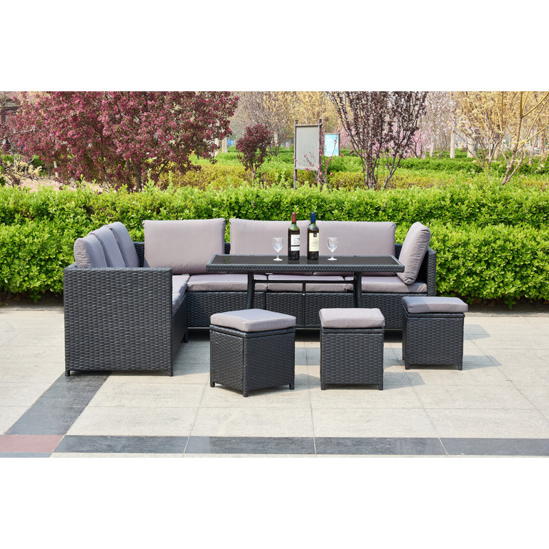 Esteven 9 Seater Rattan Corner Sofa Set, Grey, Black