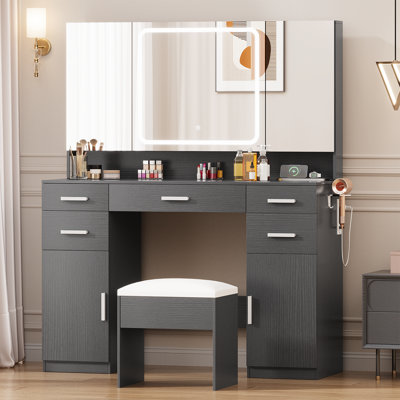 Bureau de coiffeuse avec miroir et lumières Ato, tables de coiffeuse à 7 tiroirs, coiffeuse de maquillage avec miroir tricolore 3 couleurs et tabouret rembourré, grandes coiffeuses parfaites pour la chambre à coucher, blanc