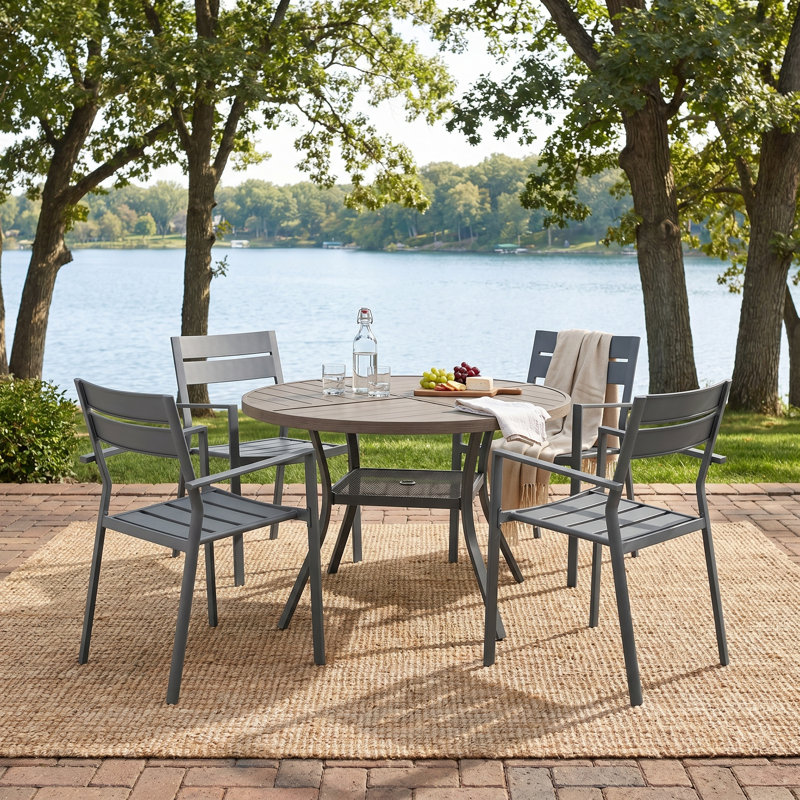 5-Piece Round Outdoor Dining Set With Stackable Metal Armchairs, Gray, Tan/Gray