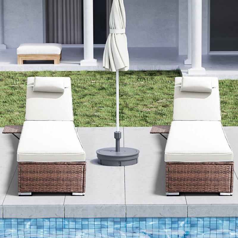 Outdoor Wicker Chaise Lounge Set Patio Reclining Chaise With Side Table And Cushions, White