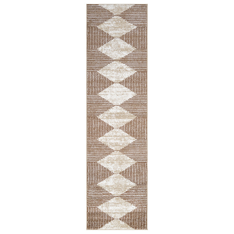 Beige Brown Geometric Stripe Area Rug, Runner 2'2" x 8'