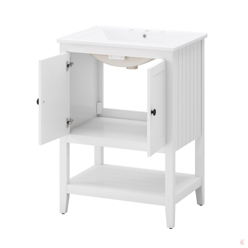 Lavabo de salle de bain moderne élégant en céramique blanche 24 po avec tablette ouverte en bois massif