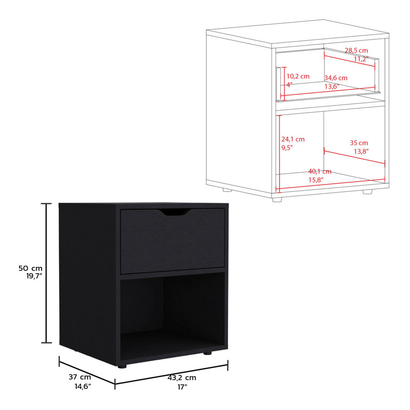 Table de chevet moderne de 19,7 po de hauteur avec tablette ouverte, Noir