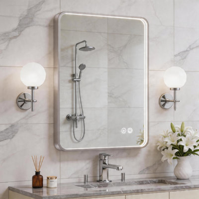 Miroir de salle de bain à DEL avec lumières, miroir de salle de bain rectangulaire en métal avec cadre lumineux, miroirs muraux lumineux avec antibuée, fonction mémoire, à intensité variable