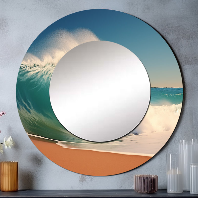 Turquoise puissance d'Ocean Wave II - grand miroir côtier, décor de miroir mural rond unique turquoise, impression d'art en métal