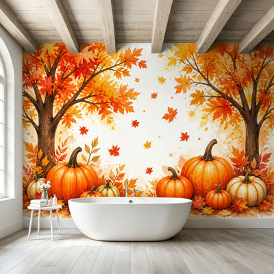 Peel and Stick Wallpaper Wall Mural Autumn Pumpkin Scene Vibrant Fall Leaves Trees Wall Art Self Adhesive and Removable